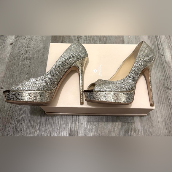 Jimmy Choo Crown Glitter Fabric Champagne Peep Toe Pumps Heels Size 38 - Picture 11 of 12